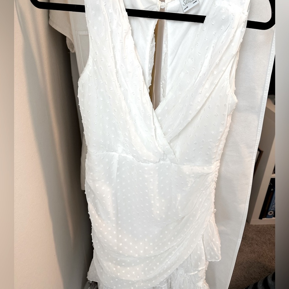 CHERISH THE MOMENT RUCHED RUFFLE HAIL SPOT DRESS WHITE